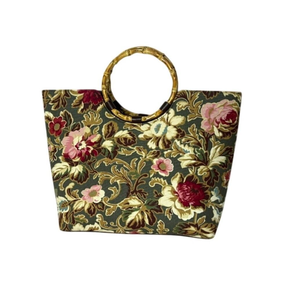 Longaberger sisters Floral Bamboo Tote Bag Purse boho garden brunch satchel pink
